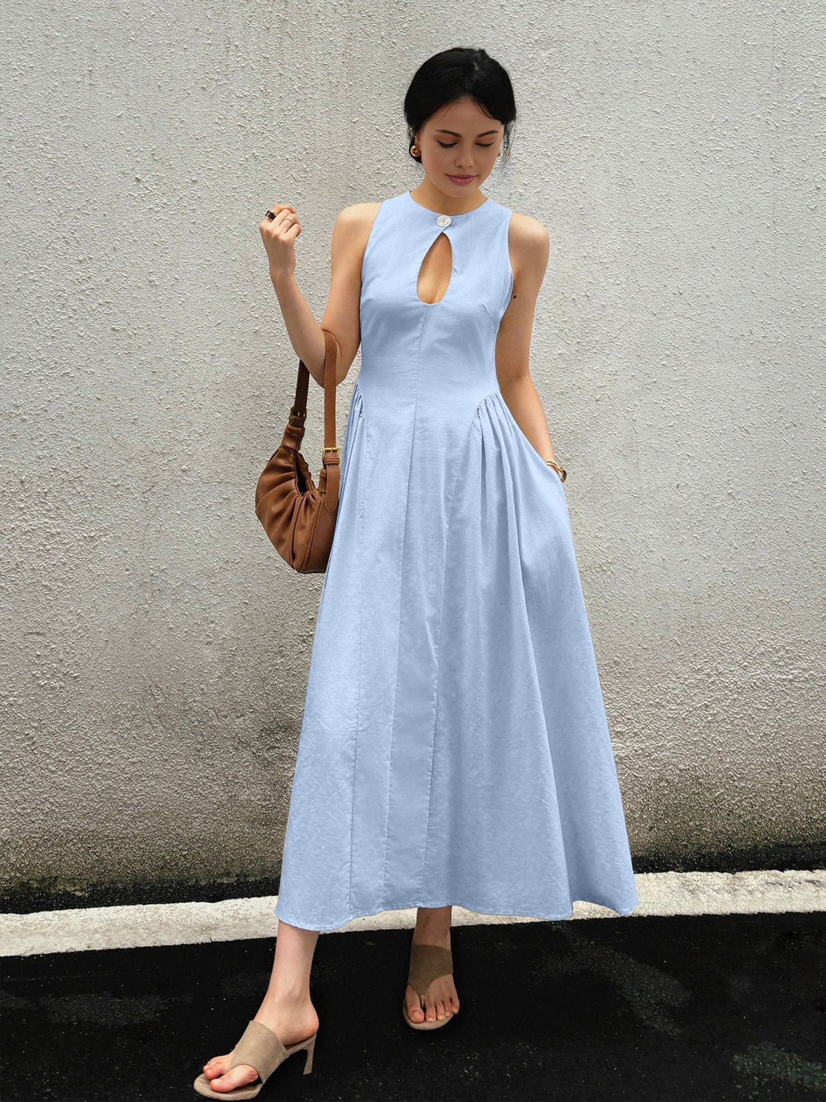 Cotton & Linen Pleated Cutout Long Dress - Women's Elegant Summer Maxi