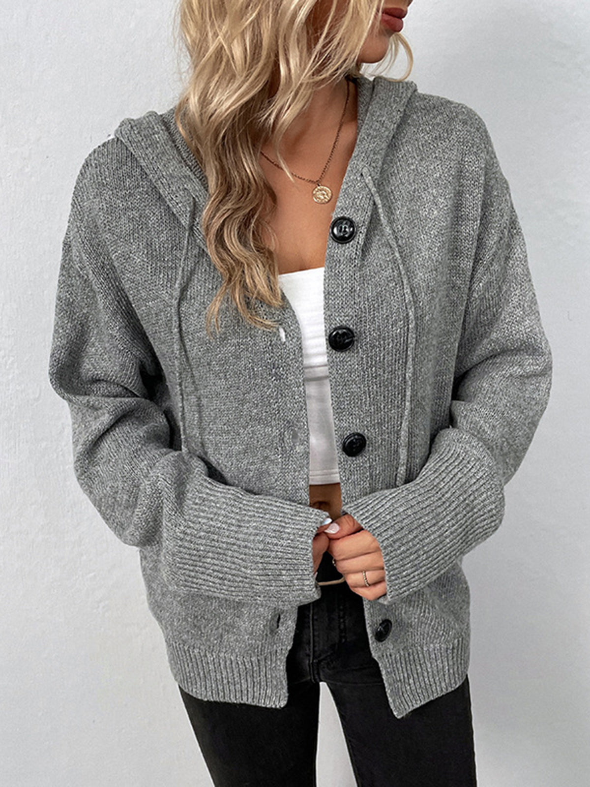 Button Drawstring Hooded Cardigan with Front Pockets and Long Sleeves