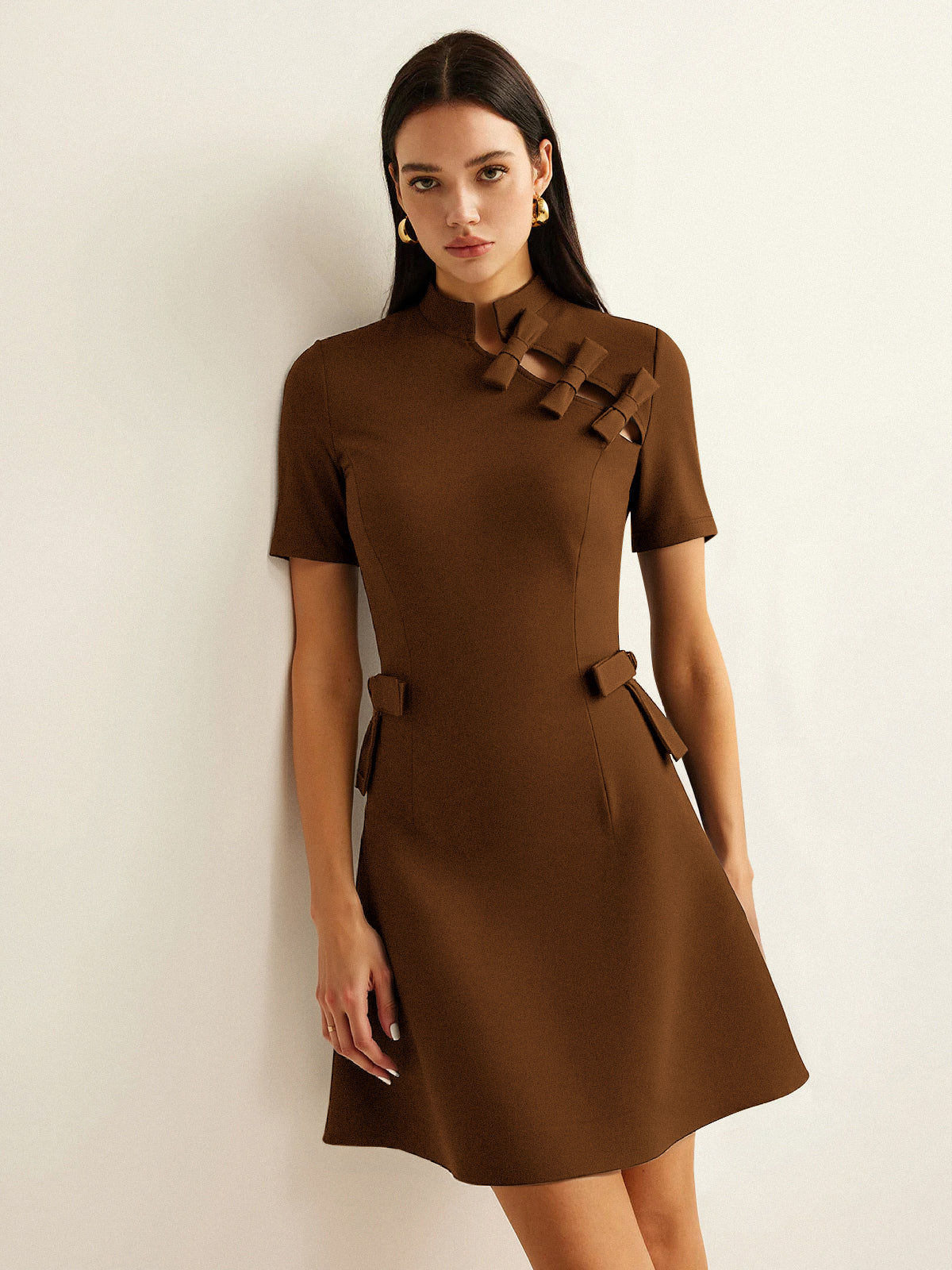 Bow Cut-Out Stand Collar Short Sleeve Dress with Pockets and Belted Waist