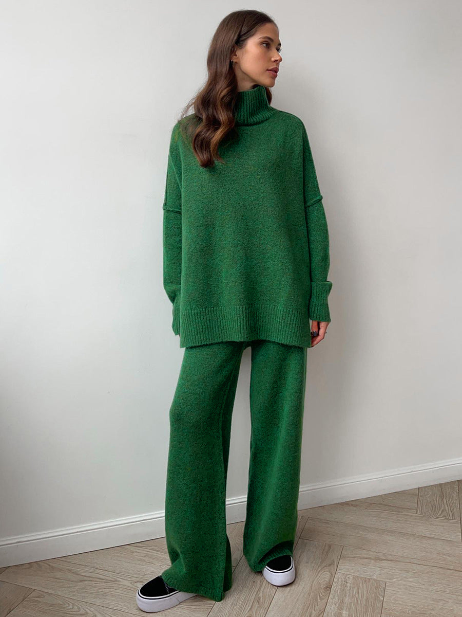 Plain Turtleneck Knit Pants Set for Women Comfortable Winter Lounge Wear