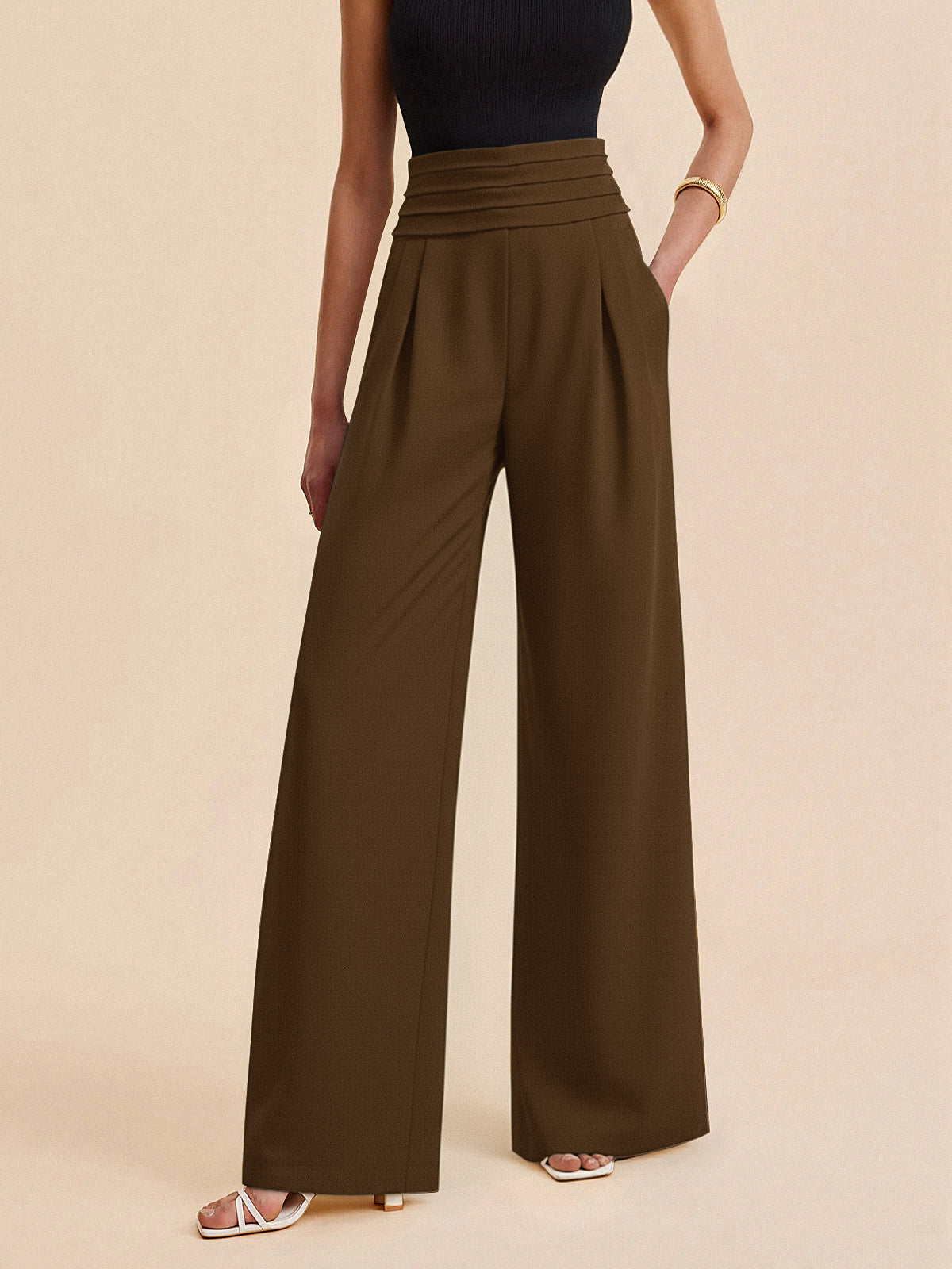 High-Waist Pleated-Waistband Wide-Leg Pants for Women Comfort Fit