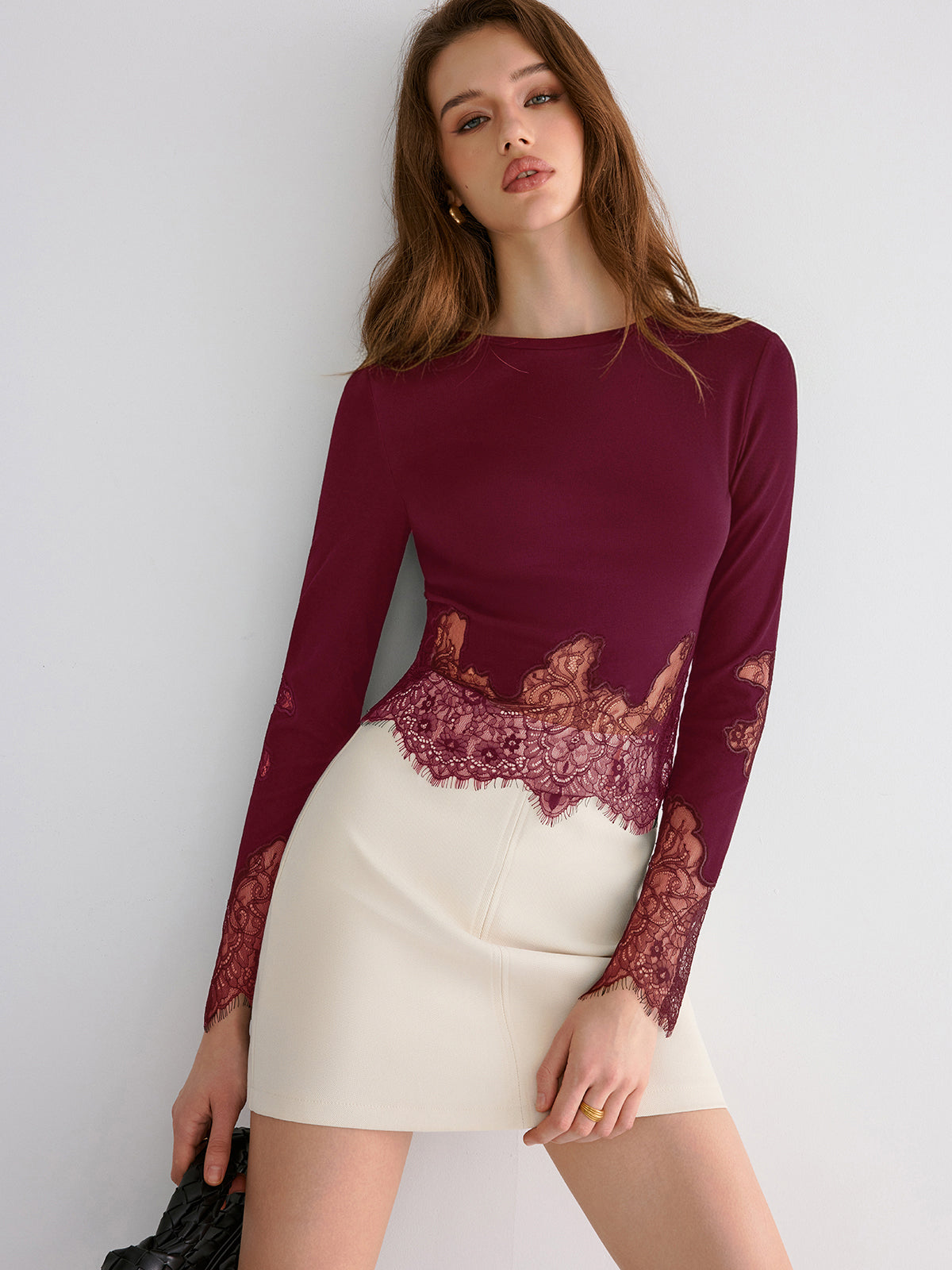 Lace Hem Long Sleeve Top Women's Casual Everyday Wear