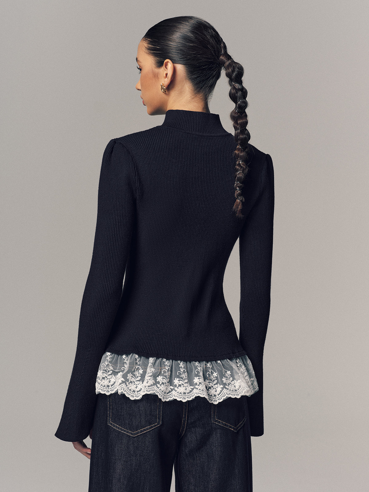 Ribbed Mock Neck Lace Trim Cardigan for Women, Stylish Fall Fashion
