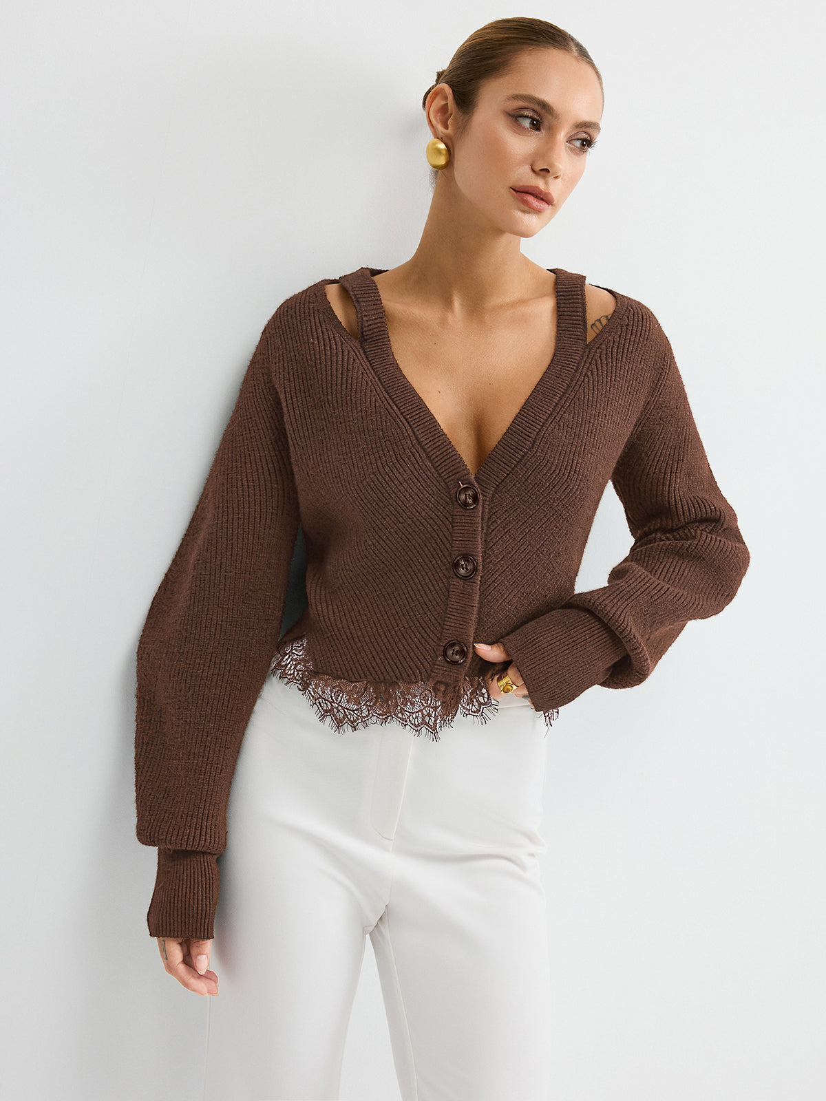 Lace Hem Wool Blend Cardigan - Fashionable Lightweight Women's Sweater