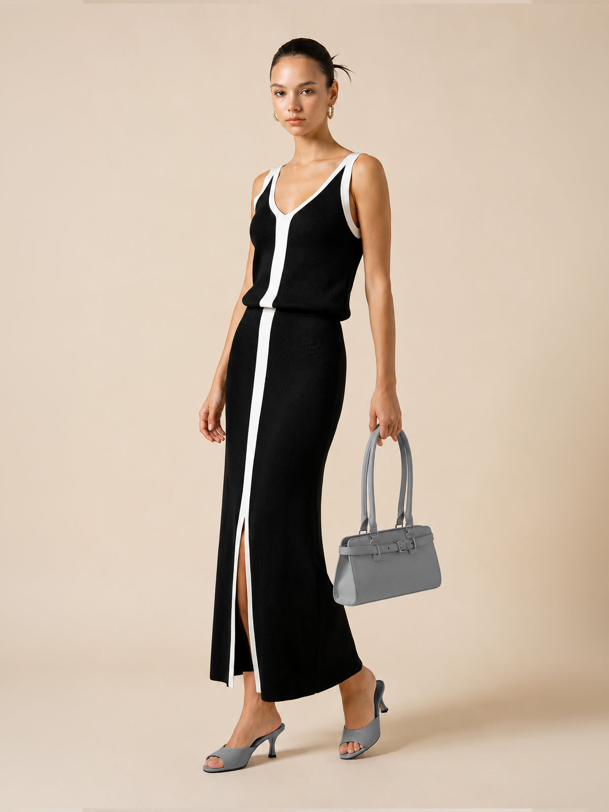 Contrast Trim Slit-Front Ribbed Knit Maxi Dress for Women, Stylish Long Sleeve - Ideal for Evening Events