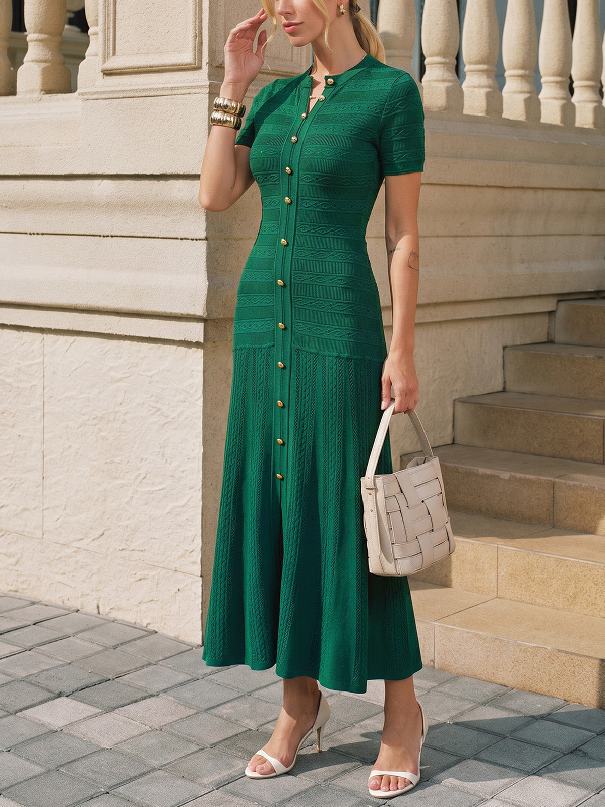 Short Sleeve Textured Knit Midi Dress for Women with Side Slits