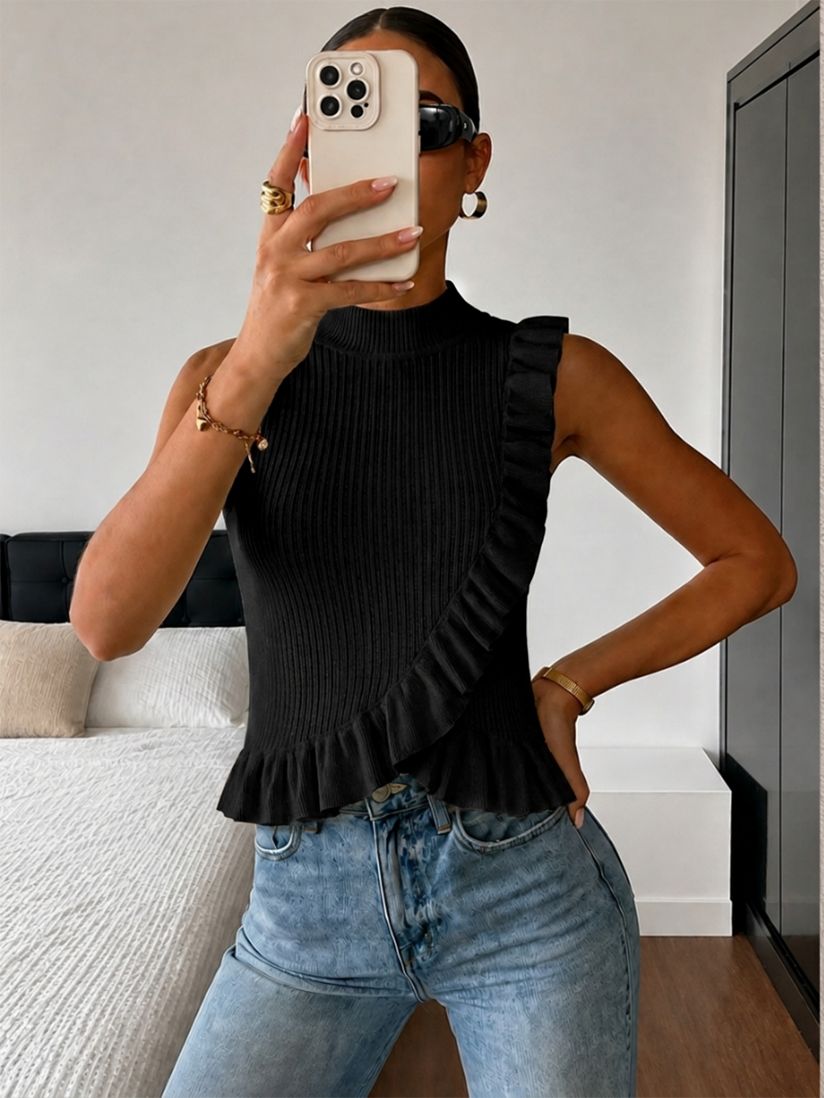 Ribbed High Neck Ruffle Sleeveless Top - Women's Casual Fashion Essential