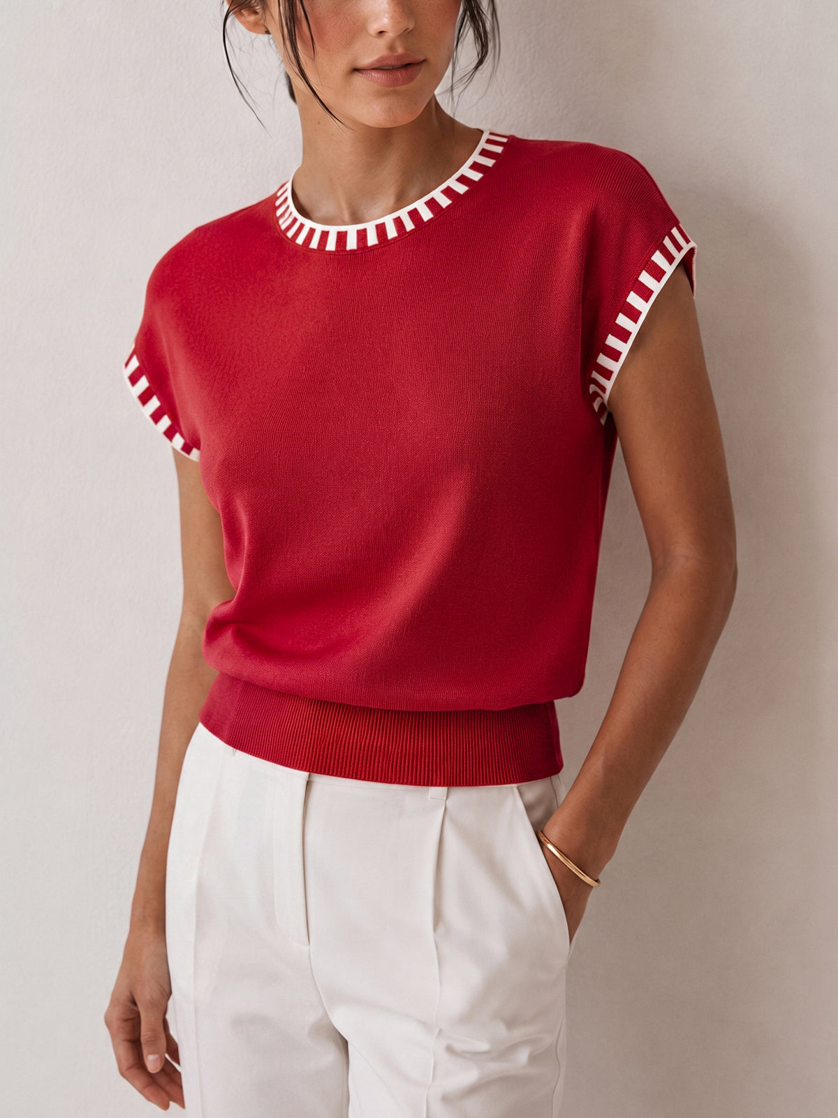 Contrast Trim Cap Sleeve Knit Top for Women Casual Wear