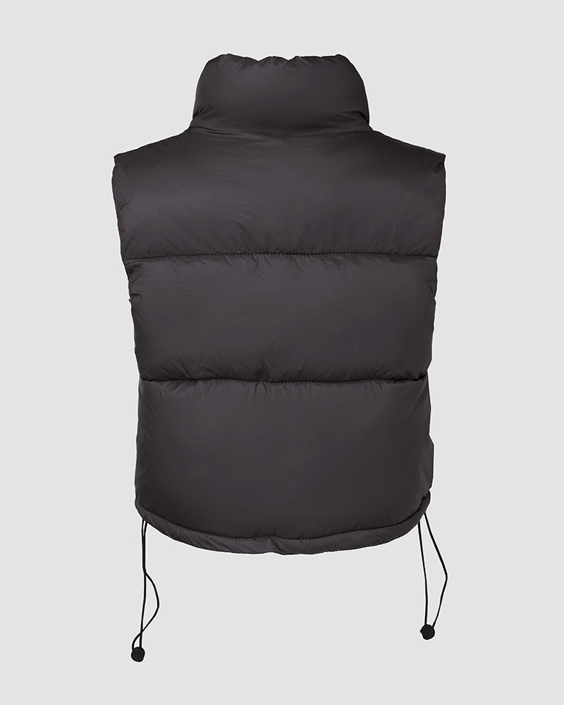 Black cropped puffer vest with a stand collar, back zip-up, and adjustable drawstring hem.