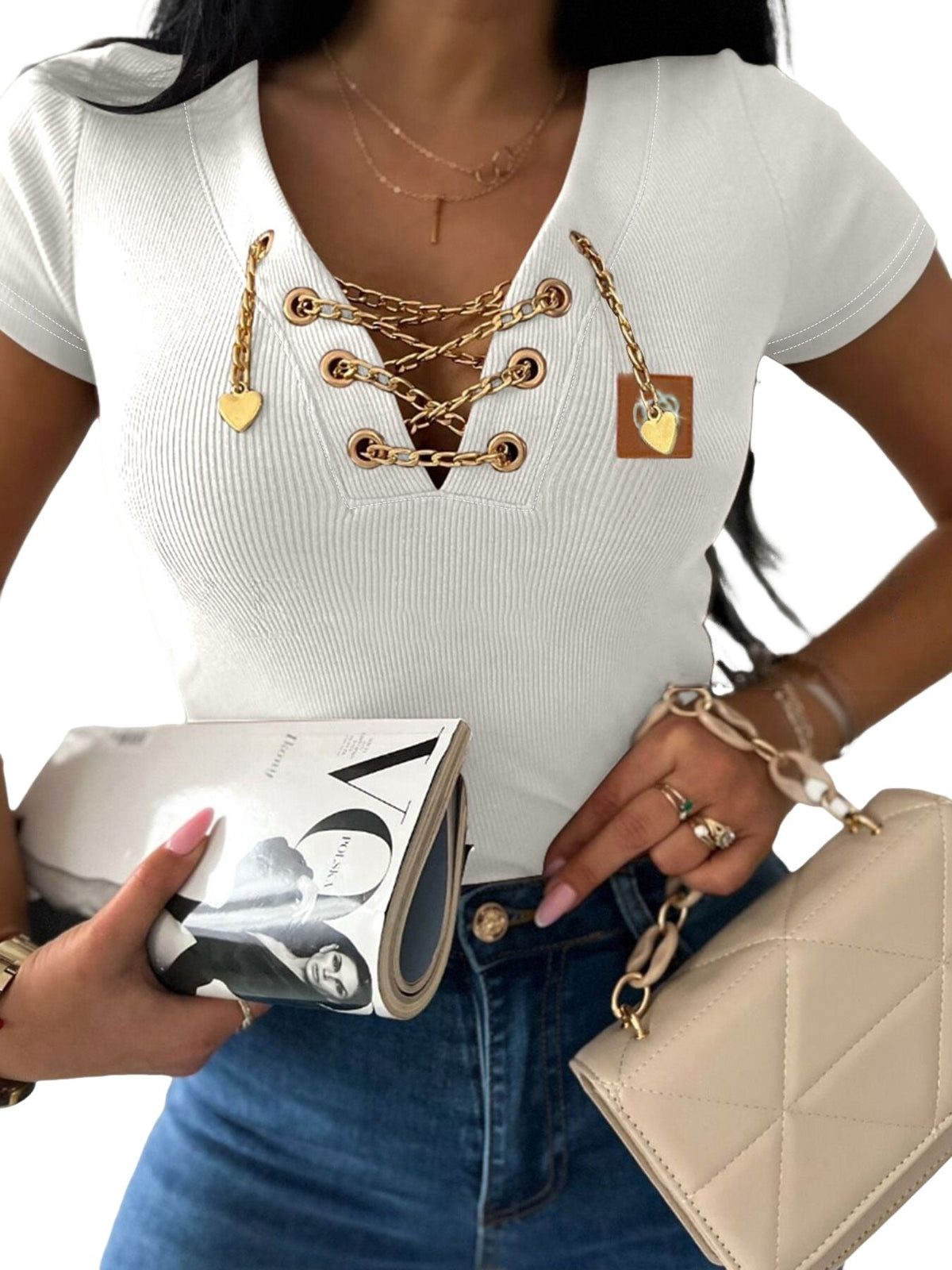 KOAD'CLO V-Neck T-Shirt with Lace-Up Detail and Rhinestone Accents, blue jeans.