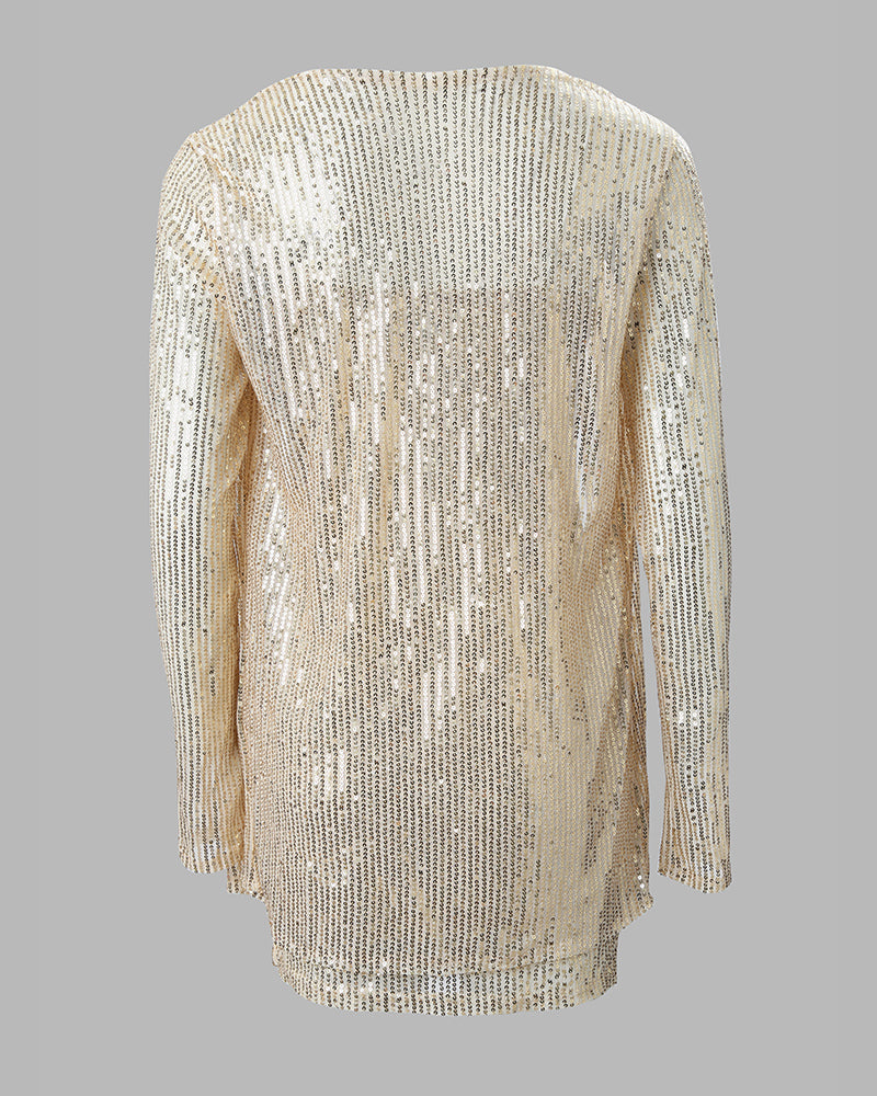 A shimmering gold sequin deep V-neck bodycon set with matching cardigan, back view.