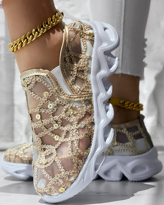 KOAD'CLO Contrast Sequin Sheer Mesh Breathable Patch Sneakers with chunky white soles.