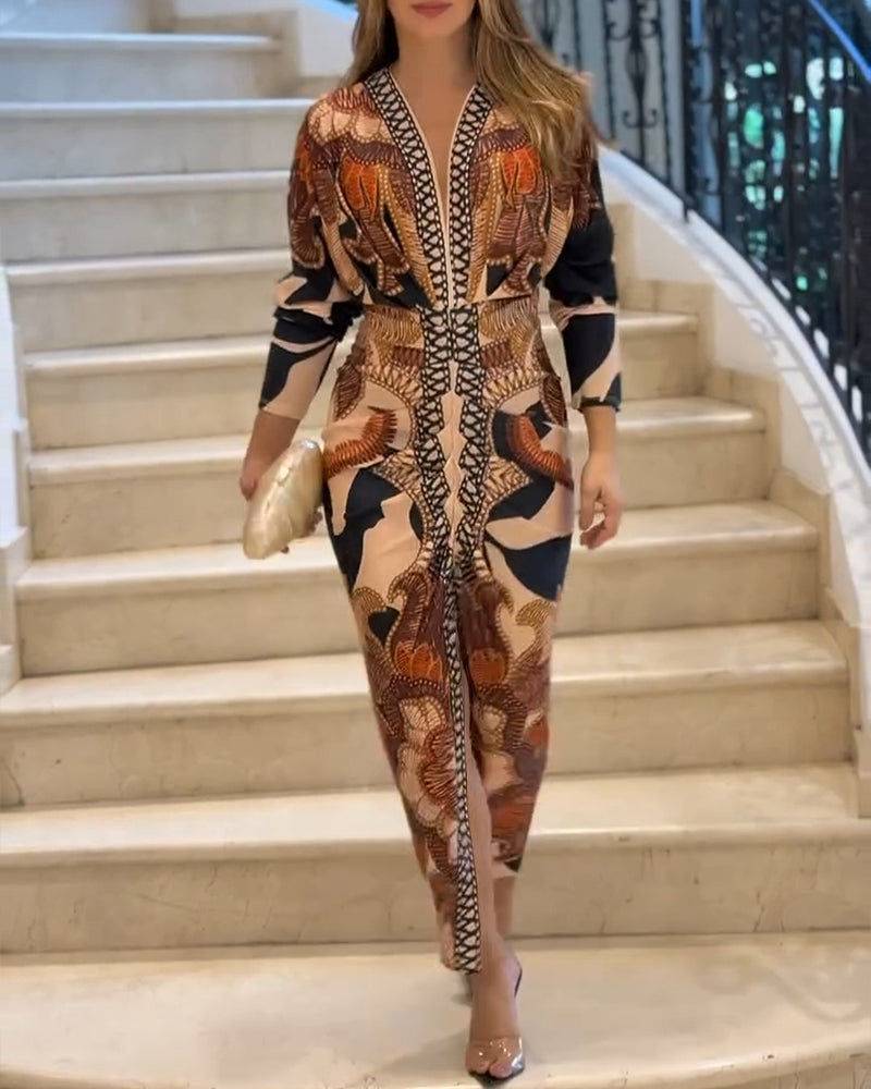 Vintage Baroque Deep V-Neck Ruched Slit Bodycon Long Sleeve Dress.