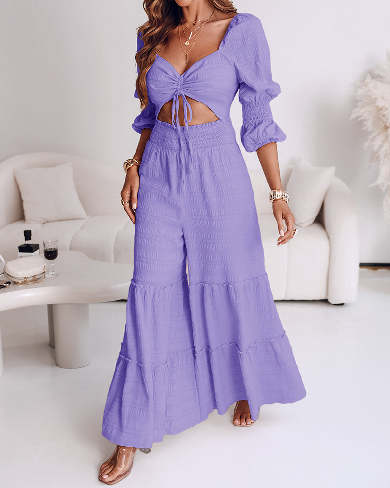 KOAD'CLO Sweetheart Neck Puff Sleeve Shirred Ruffle Hem Wide Leg Jumpsuit in view.