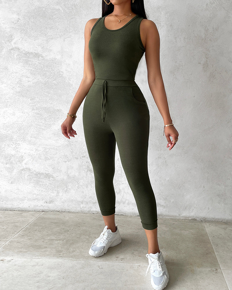 Olive green KOAD'CLO 3-piece lounge set with tank top, long sleeve coat, and pants.
