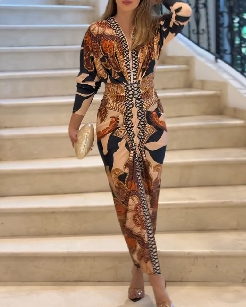Vintage Baroque deep V-neck ruched slit bodycon dress with orange, black, and beige patterns.
