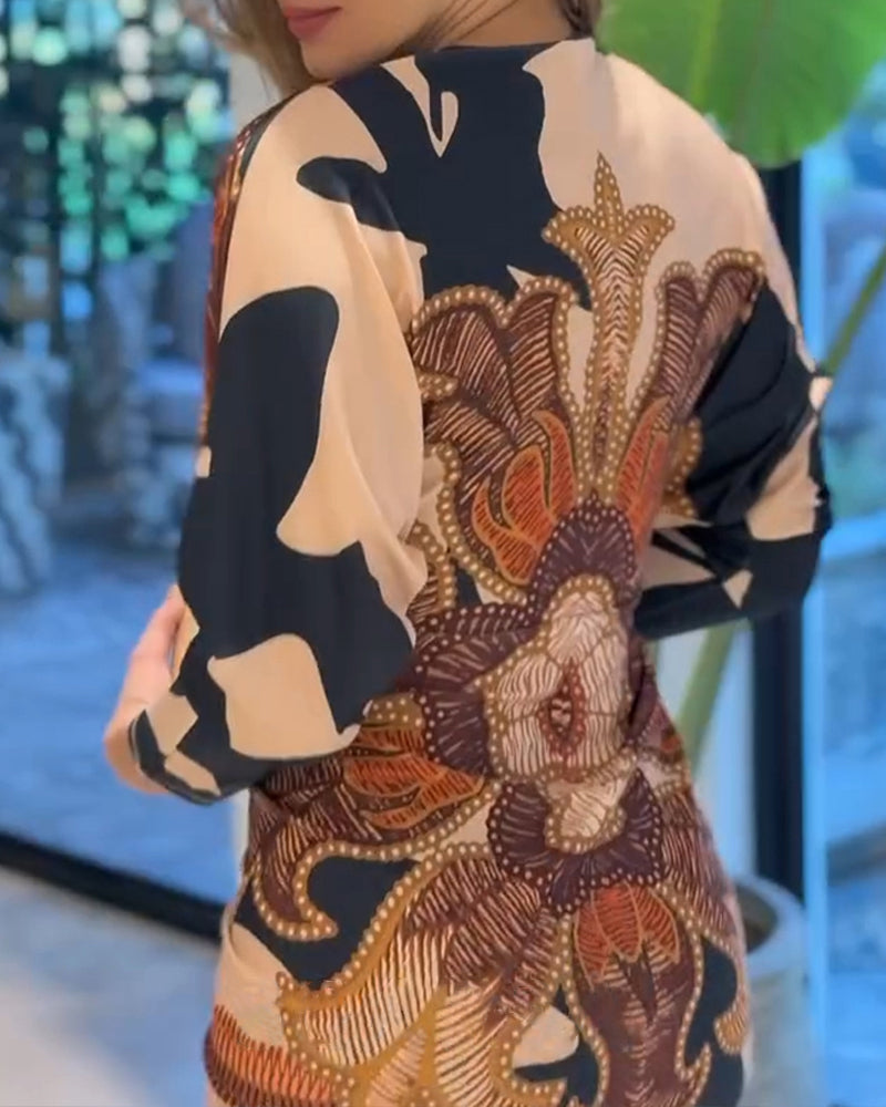 A Vintage Baroque Deep V-Neck Ruched Slit Bodycon Long Sleeve Dress with abstract florals.