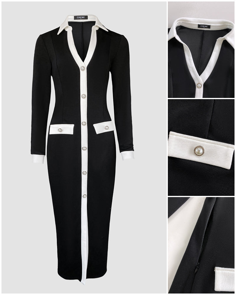 Black long-sleeve midi dress with white trim, pearl buttons, pocket flaps, and side zipper.