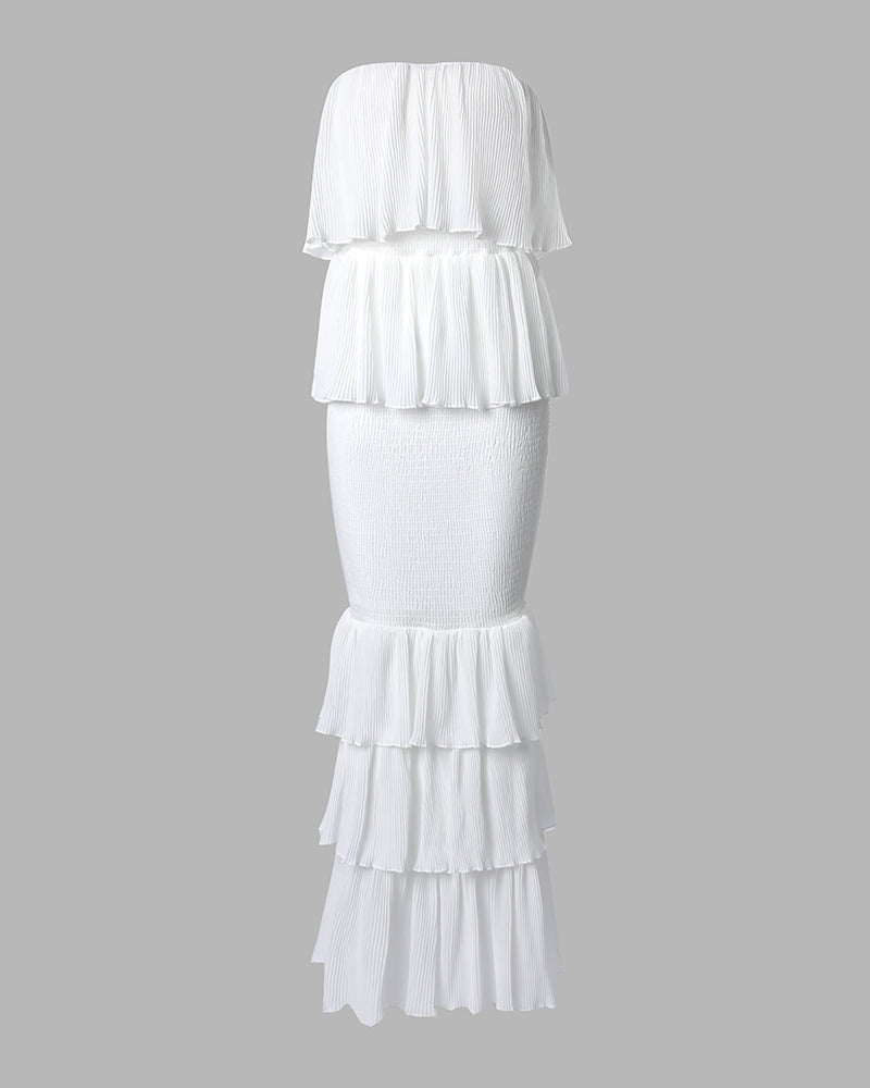 Layered Ruffle Shirred Strapless Maxi Party Dress, Slim Fit