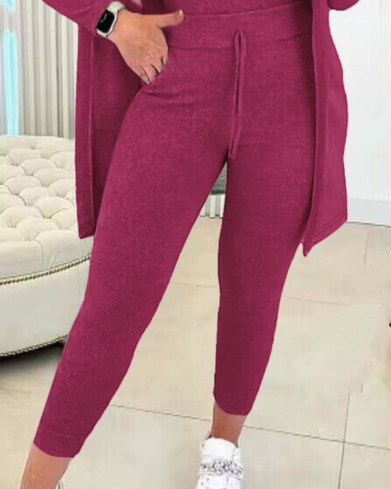 Magenta KOAD'CLO 3-piece lounge set with tank top, long sleeve coat, and pants.