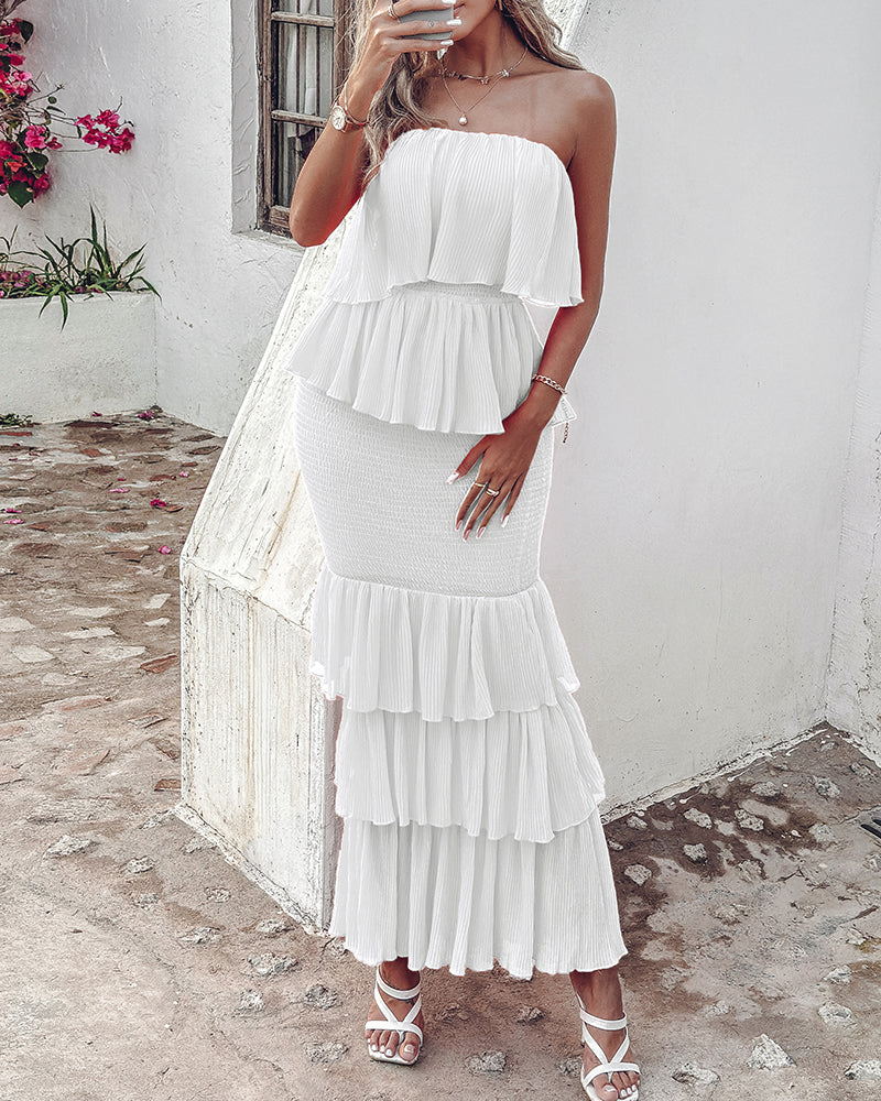 Layered Ruffle Shirred Strapless Maxi Party Dress, Slim Fit