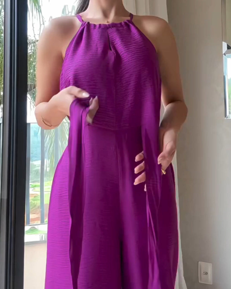 Sleeveless Halter Jumpsuit with Lace-Up Design and Ruched Waist