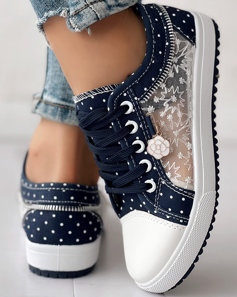Navy blue KOAD'CLO sneakers with white polka dots, floral embroidery, lace accents.