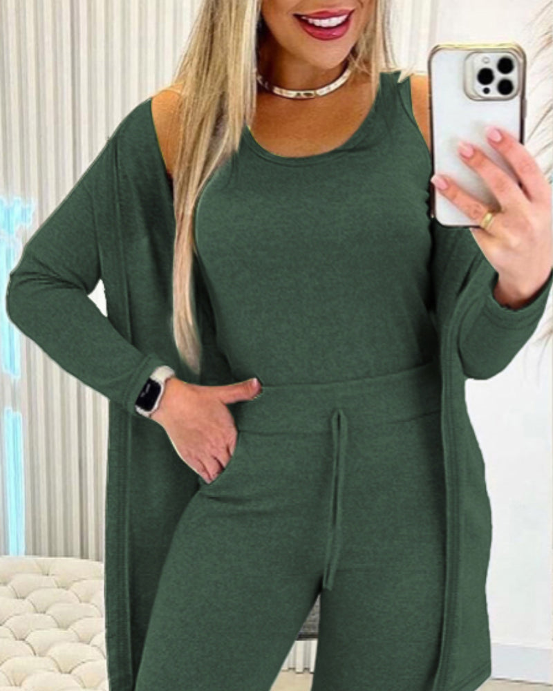A 3-piece lounge set featuring a tank top, long sleeve coat, and matching pants.