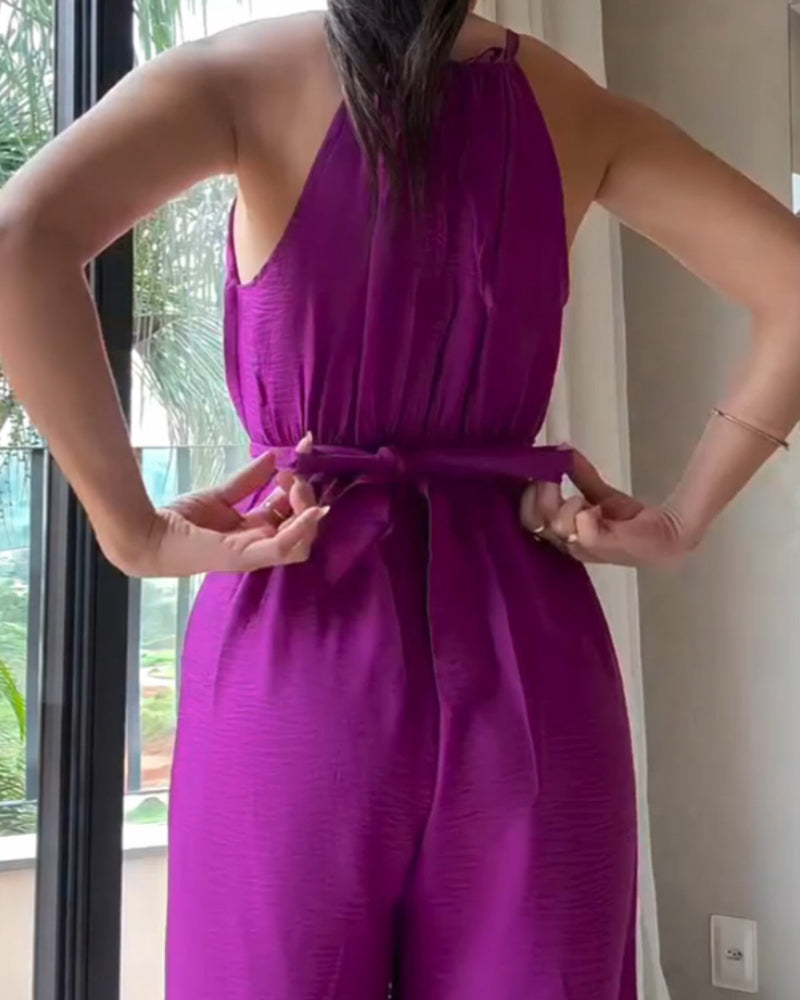 Sleeveless Halter Jumpsuit with Lace-Up Design and Ruched Waist