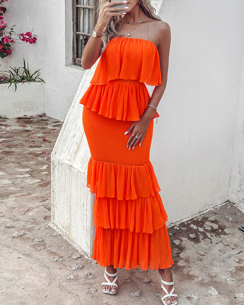 Layered Ruffle Shirred Strapless Maxi Party Dress, Slim Fit