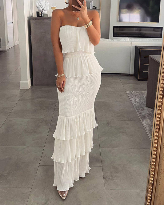 Layered ruffle shirred strapless slim fit maxi party dress in a flowing, elegant style.