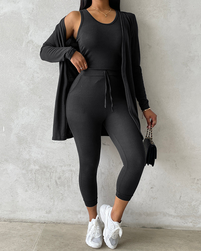 The KOAD'CLO 3-Piece Lounge Set: tank top, long sleeve coat, and pants.