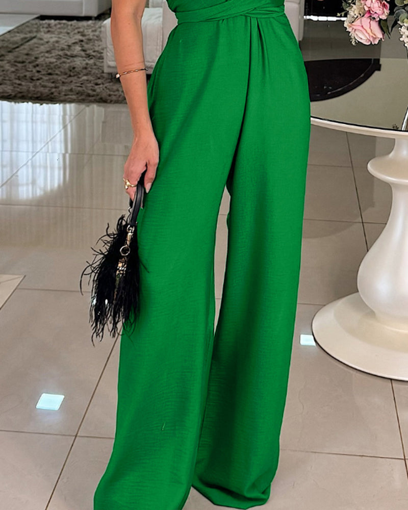 Sleeveless Halter Jumpsuit with Lace-Up Design and Ruched Waist