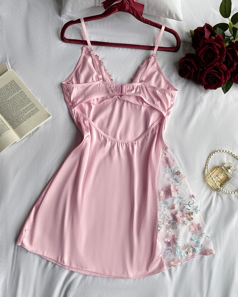 A floral lace V-neck spaghetti strap mesh cami nightgown with bowknot detailing.
