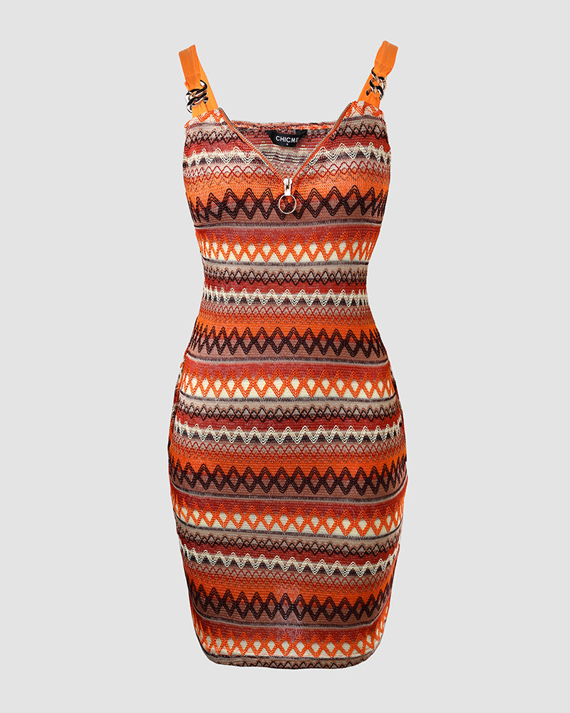 Chevron V-Neck Mini Dress with Chain Detail and Pocket Design
