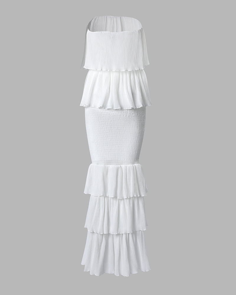 Layered Ruffle Shirred Strapless Maxi Party Dress, Slim Fit