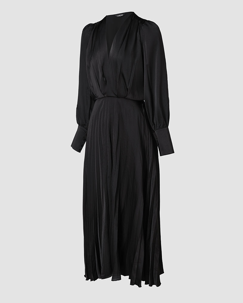 An elegant puff sleeve V-neck pleated maxi dress with long sleeves and ankle-length silhouette.