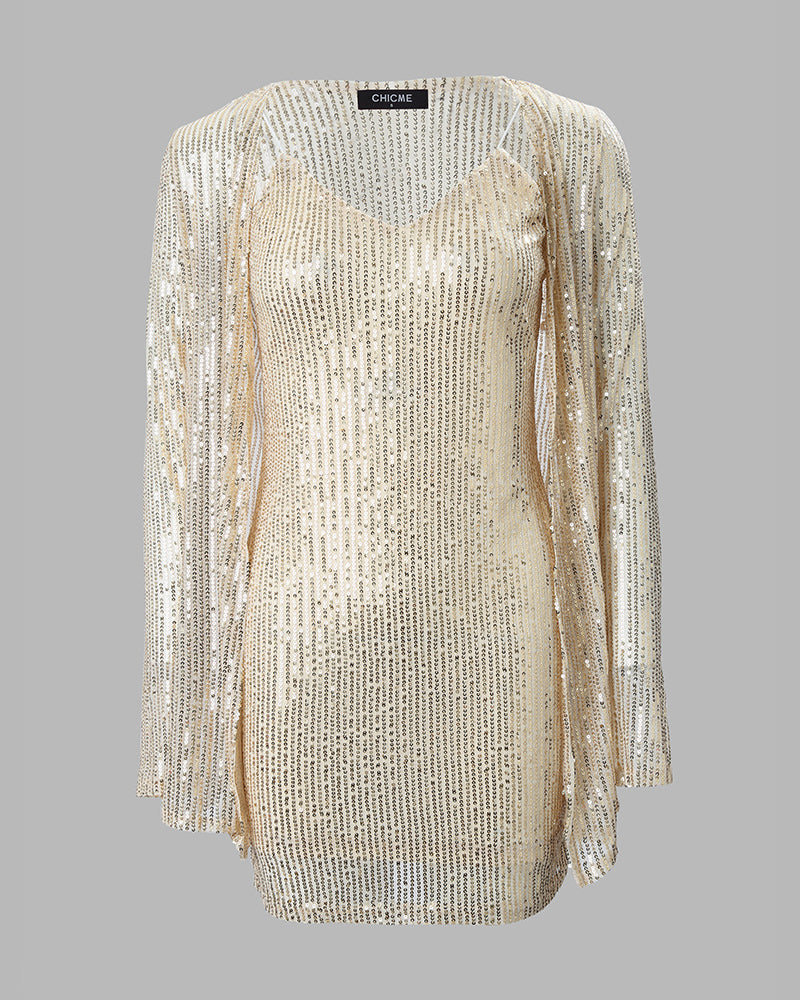 A sparkling sequin deep V-neck bodycon set with matching cardigan in a fitted silhouette.