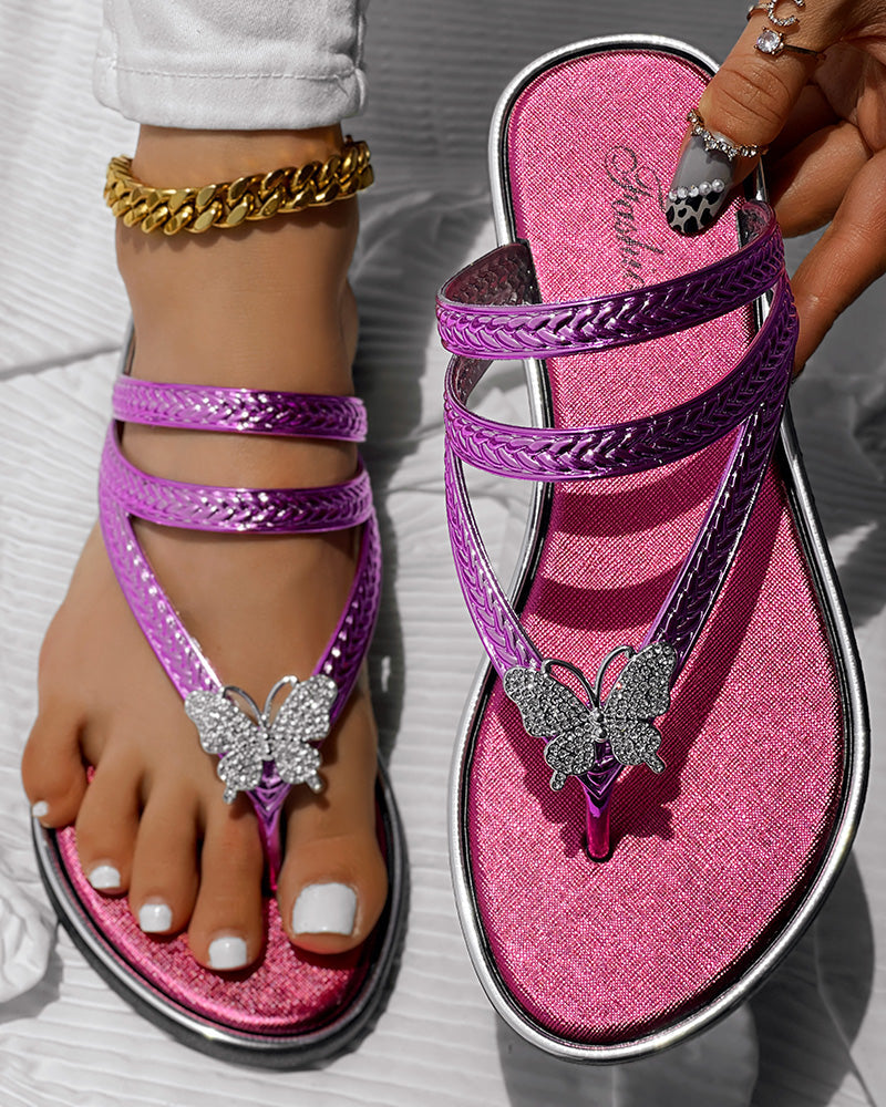 KOAD'CLOKOAD'CLO Rhinestone Butterfly Pattern Toe Post Flip Flops on display.