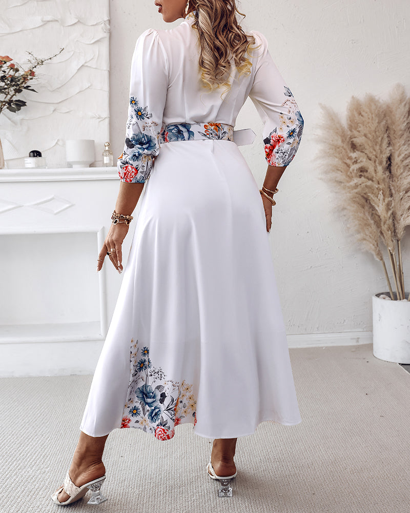  Floral V-Neck A-Line Maxi Dress with Tie Detail and sleeves.