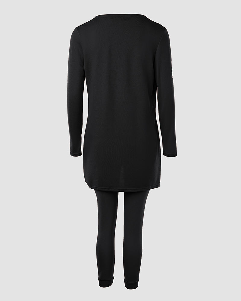 Black tank top, long sleeve coat, and pants from the back, forming a sleek set.