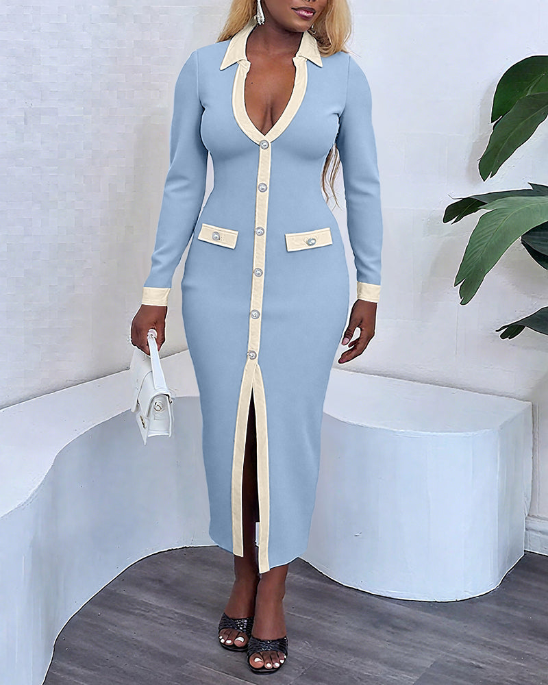 Light blue slim fit dress with cream trim, pearl buttons, and a front slit.
