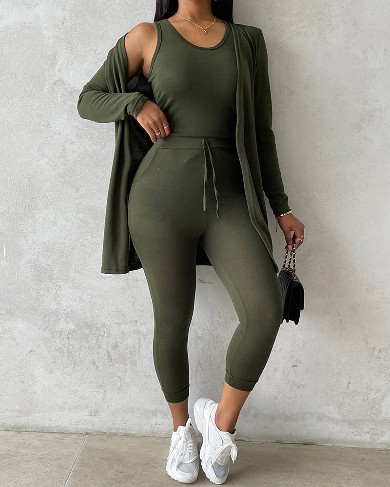 KOAD'CLO 3-Piece Lounge Set with tank top, long sleeve coat, and pants.