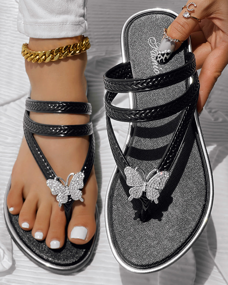KOAD'CLOKOAD'CLO Rhinestone Butterfly Pattern Toe Post Flip Flops with sparkling butterfly detail.