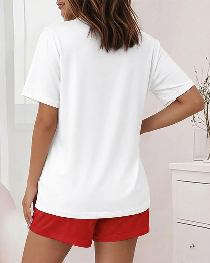 White graphic print t-shirt and red shorts pajama set from KOAD'CLO , casual style.