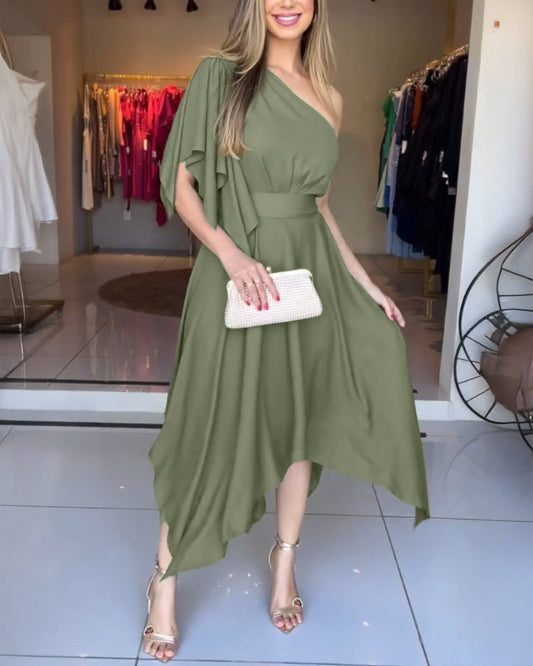 one-shoulder asymmetrical sleeve belted party maxi dress with bow tie.