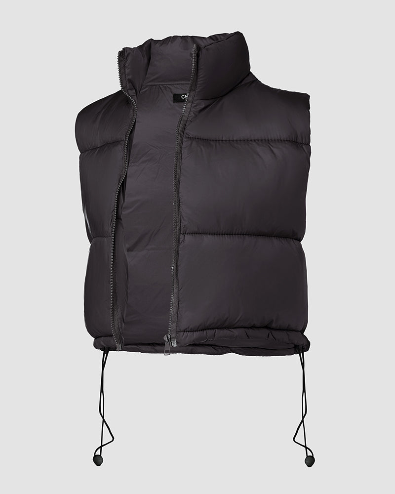 A sleeveless black cropped puffer vest with a stand collar, zip-up front, and drawstring hem.