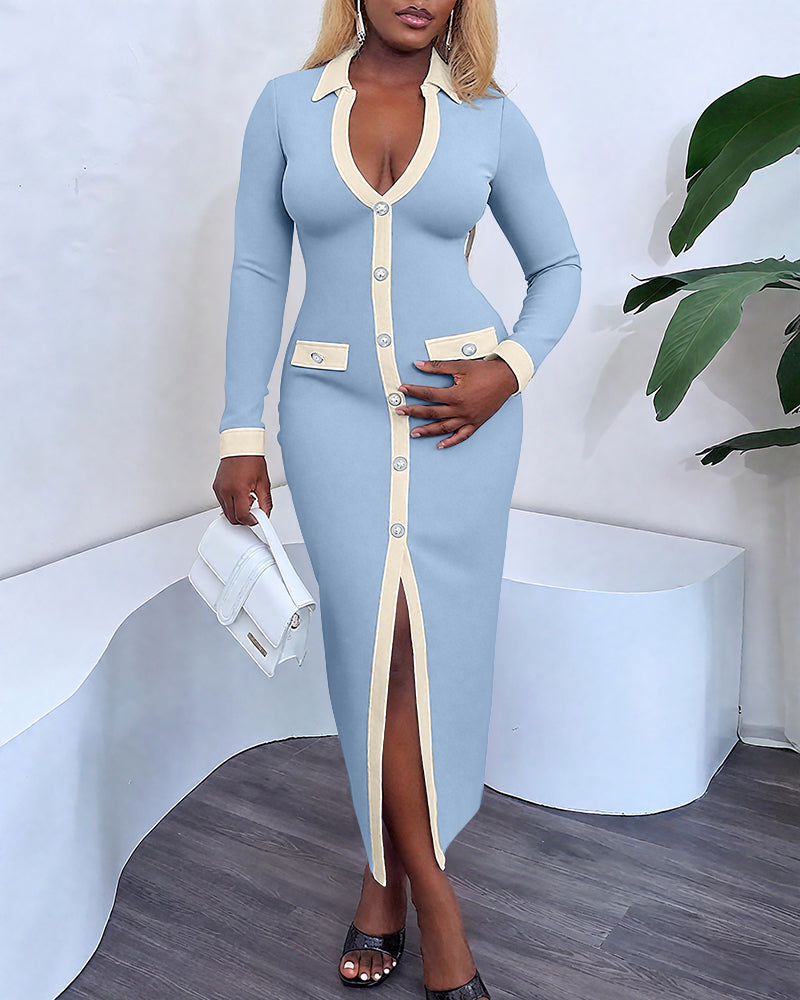 Light blue slim fit dress with cream trim, pearls buttons, contrast panels, and front slit.