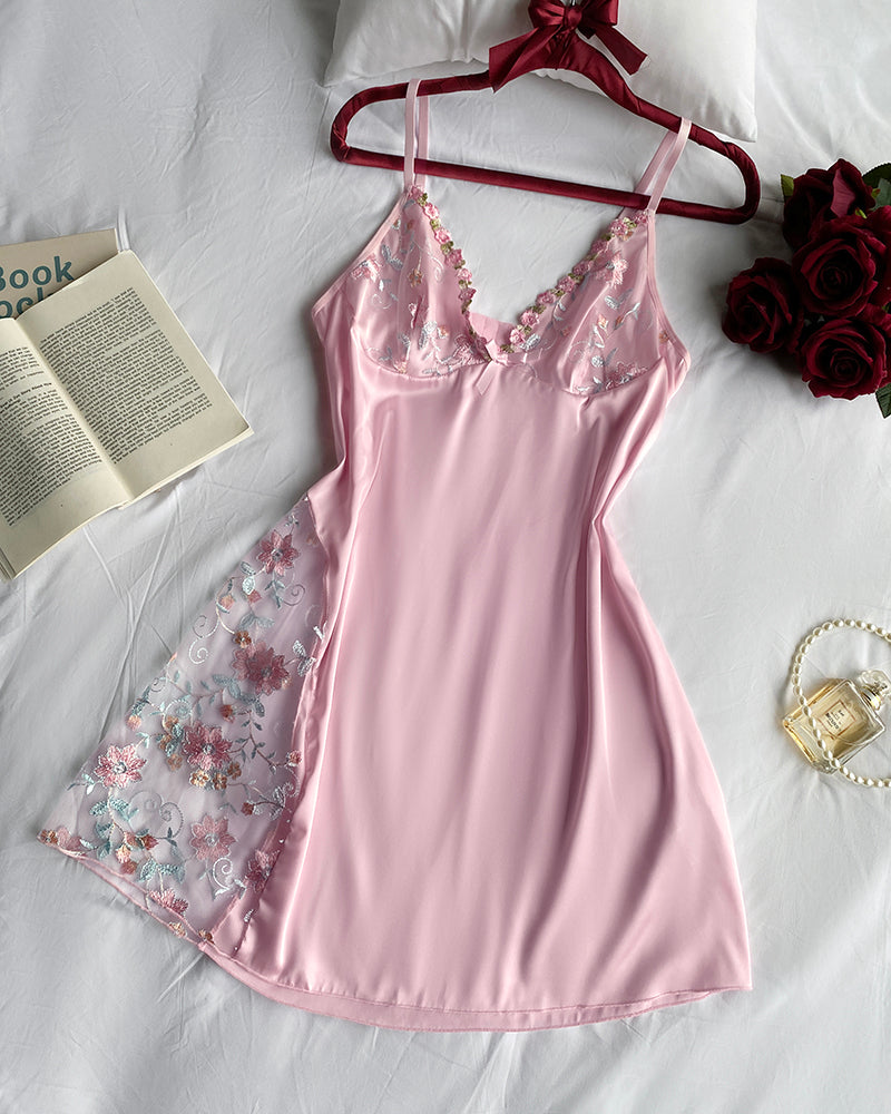 Light pink mesh cami nightgown with floral lace, spaghetti straps, and bowknot detail.