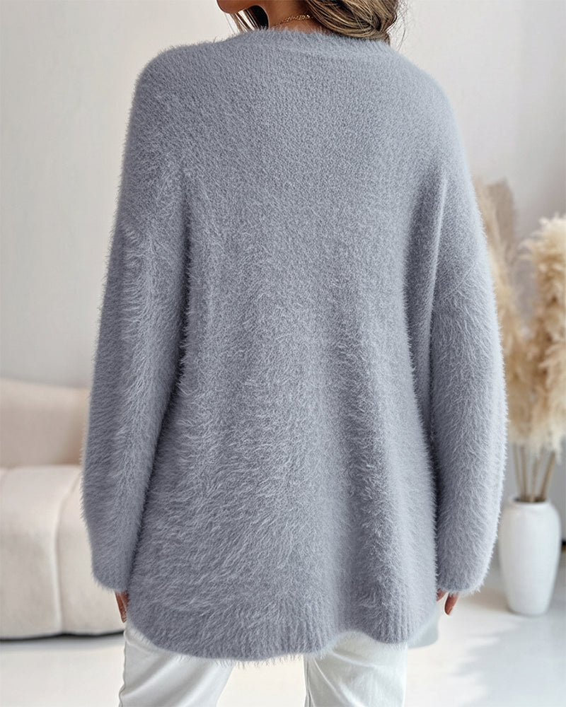 A soft light gray KOAD'CLO  V-Neck Single Breasted Fuzzy Cardigan sweater coat.